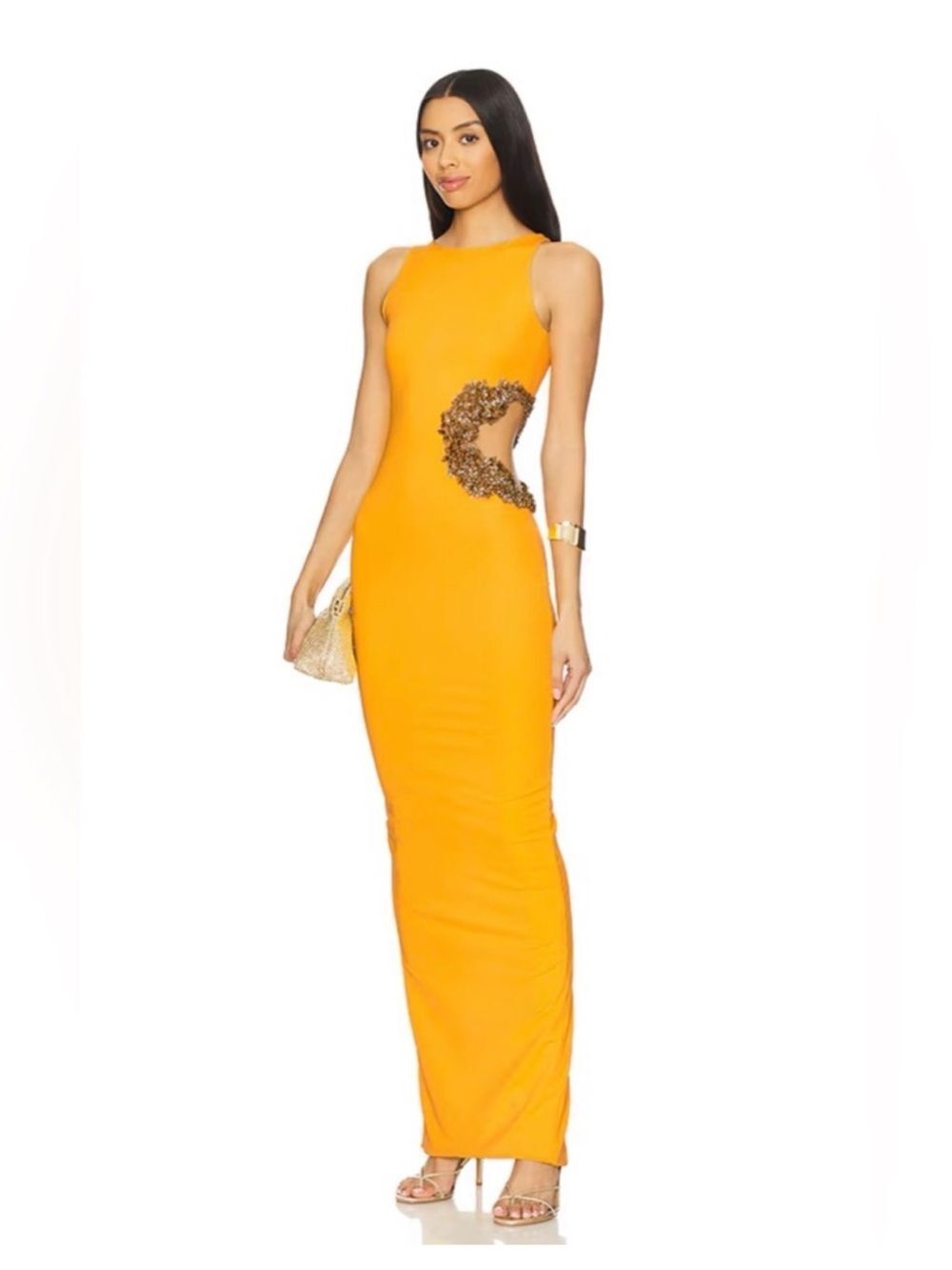 NWT BRONX AND BANCO Camila Yellow Rhinestone Cutout Maxi Dress size large/8US - Picture 3 of 14